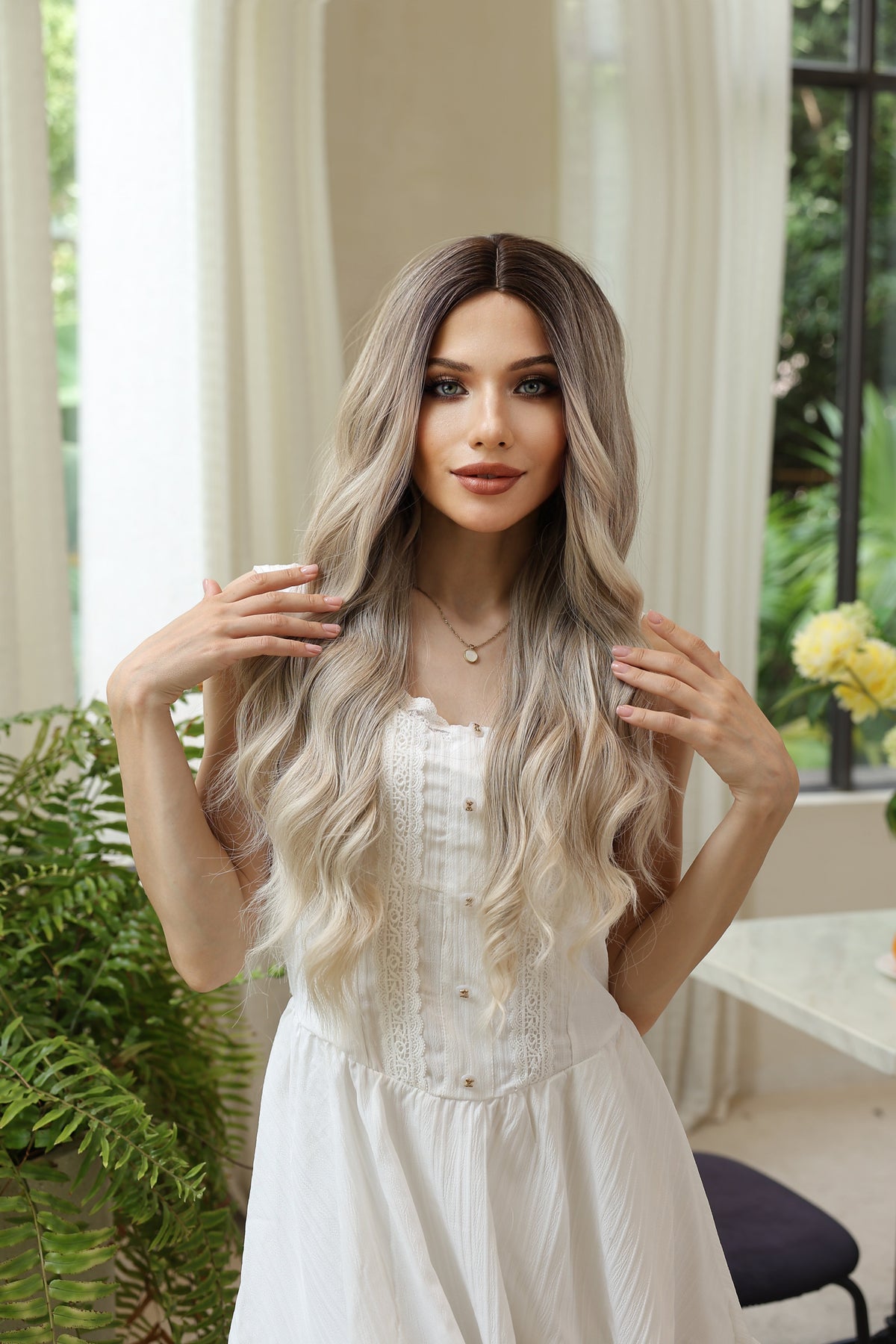 Long Blonde Wig with Dark Roots and Highlights – Synthetic Blend