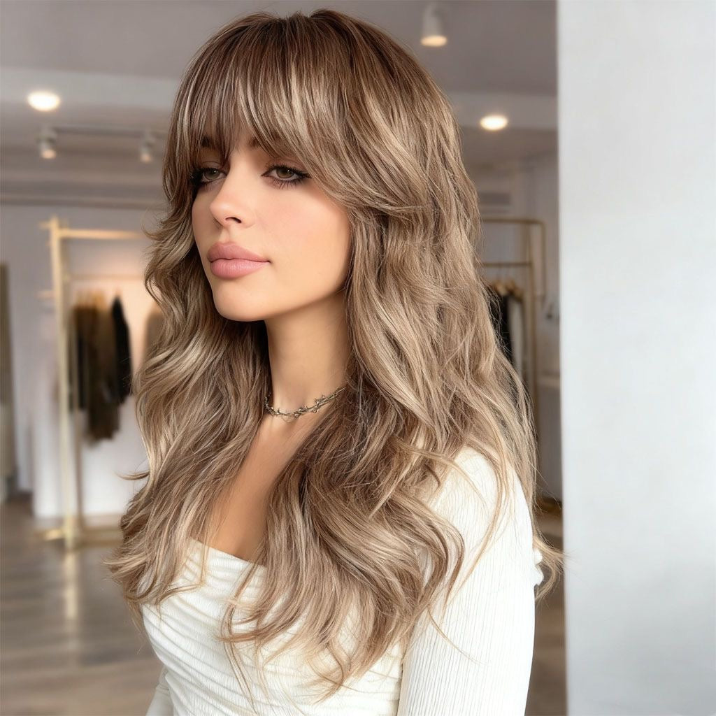 Long Caramel Blonde Curly Synthetic Blend Wig with Bangs