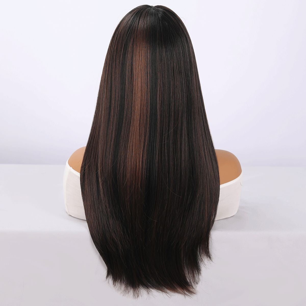 Long Black Synthetic Blend Wig with Brown Highlights, Layers, and Bangs