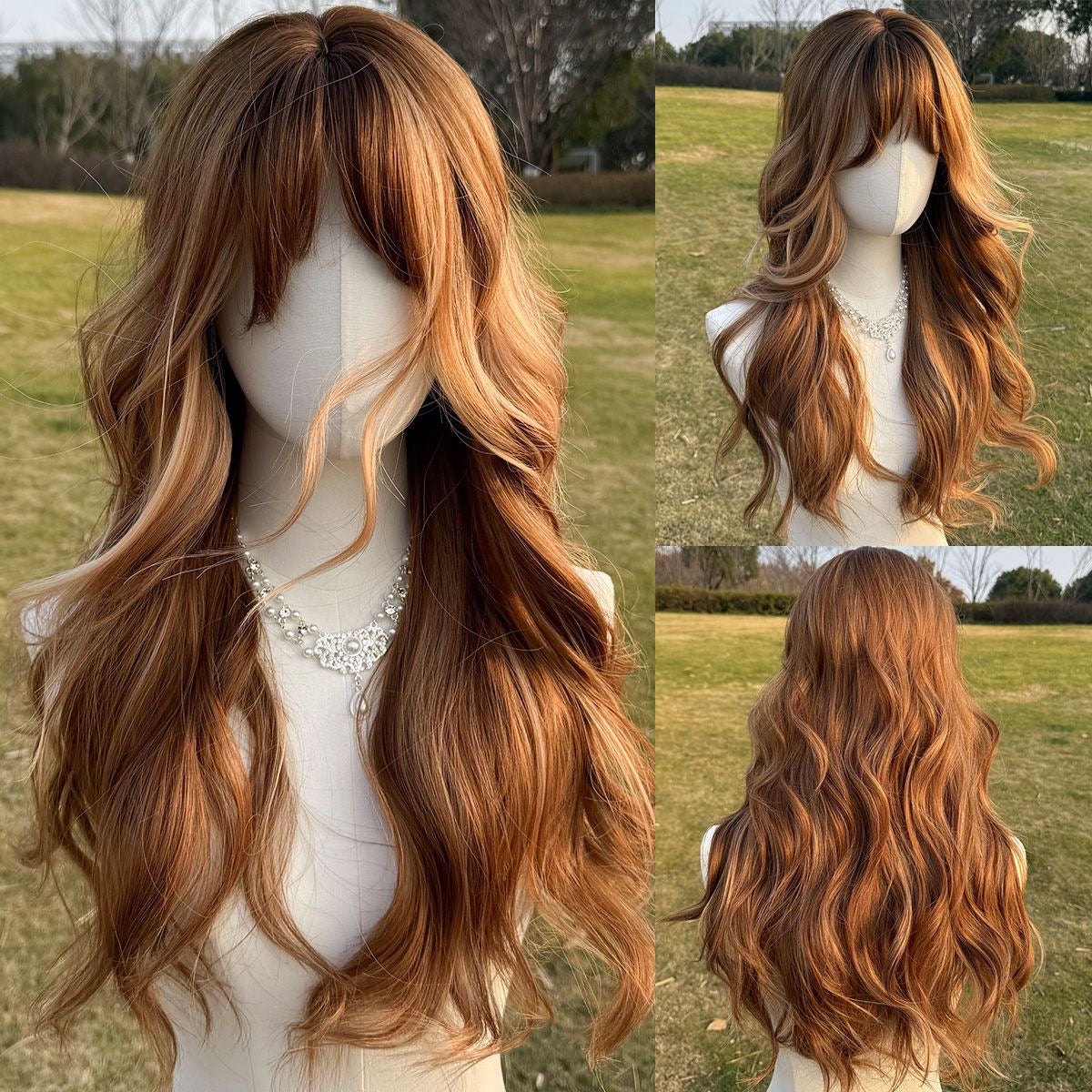 Long Auburn Wavy Synthetic Blend Wig with Bangs and Highlights