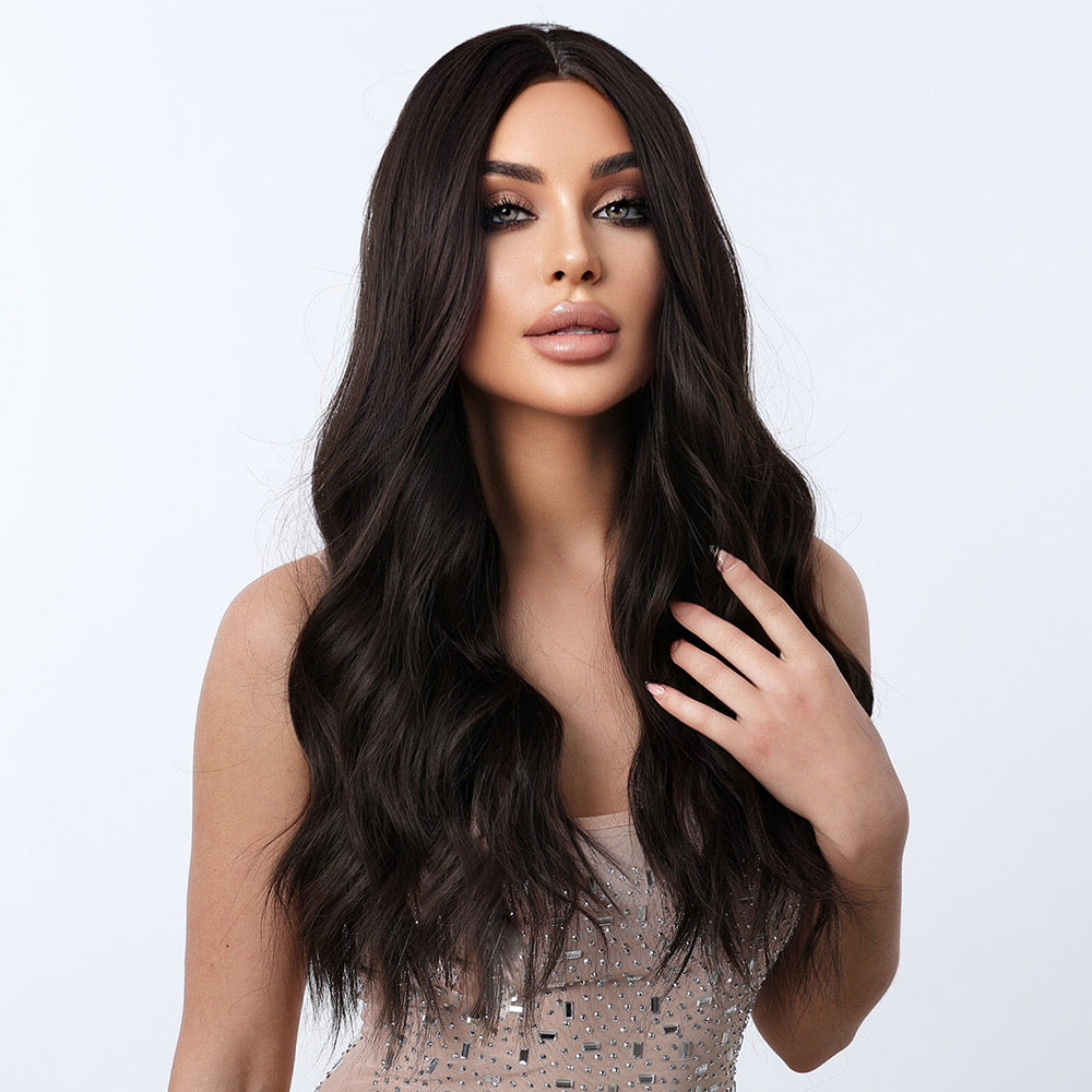 Long Natural Brown Wavy Synthetic Blend Wig
