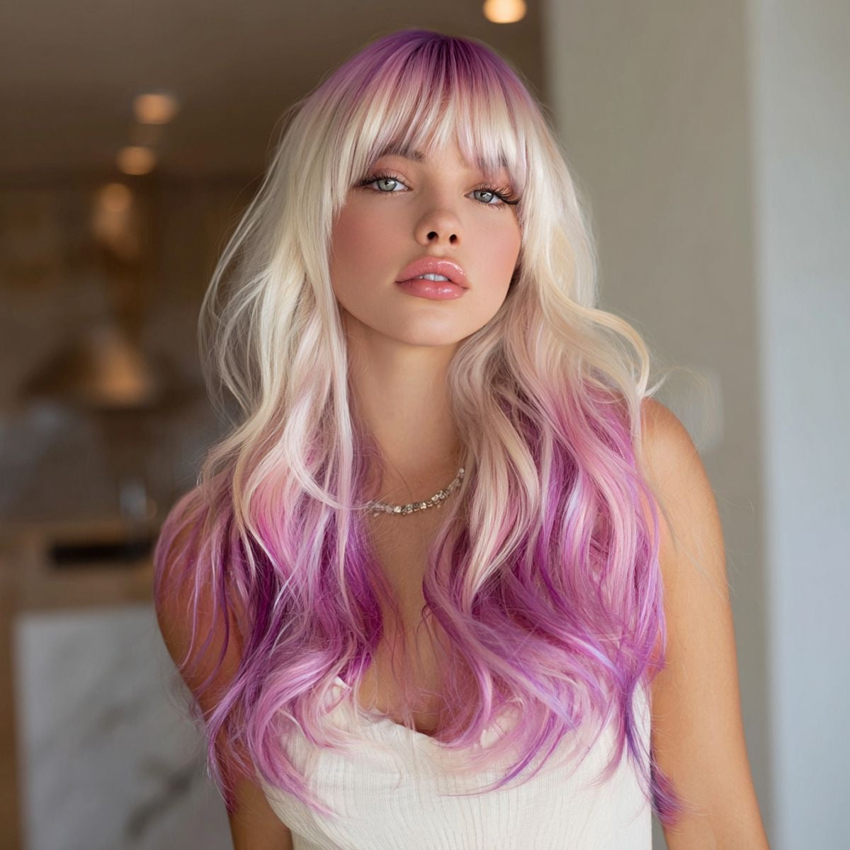 Blonde to Pink Ombre Bangs Synthetic Blend Wavy Wig