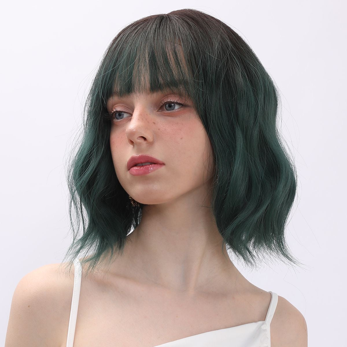 Short Wavy Emerald Green Bob with Bangs Synthetic Blend Wig