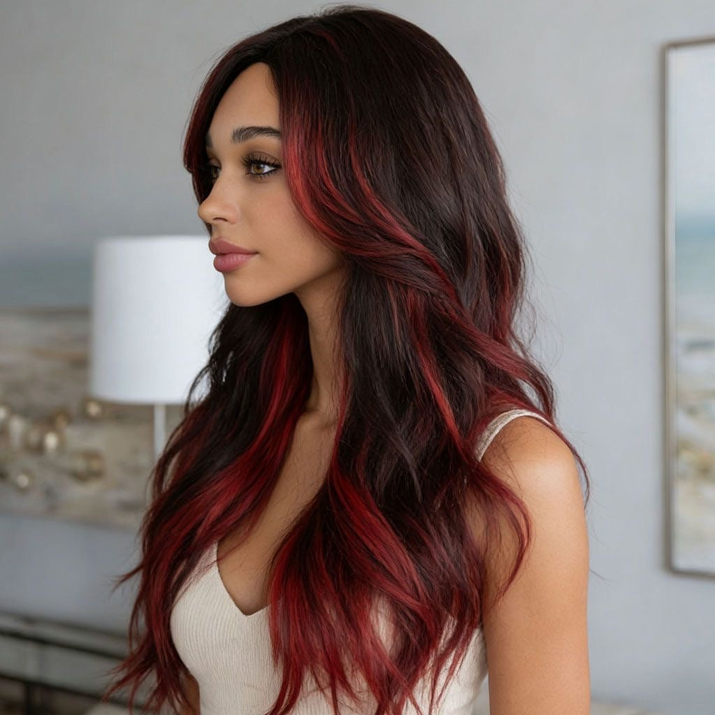 Long Black Loose Curly Synthetic Blend Wig with Bright Red Highlights