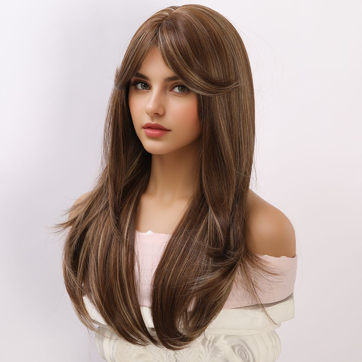 Long Brown Highlighted Synthetic Blend Wig with Curtain Bangs
