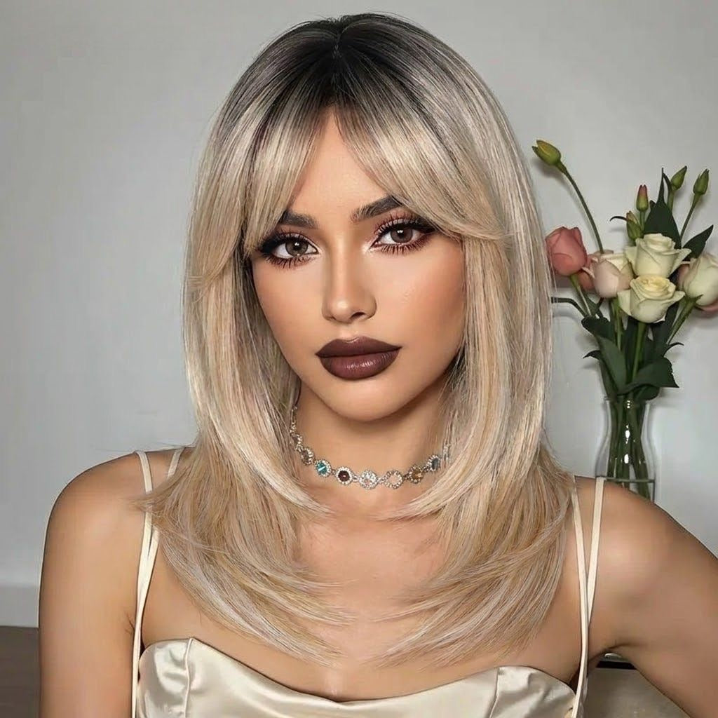 20' Blonde Curtain Bangs with Dark Roots Synthetic Blend Wig