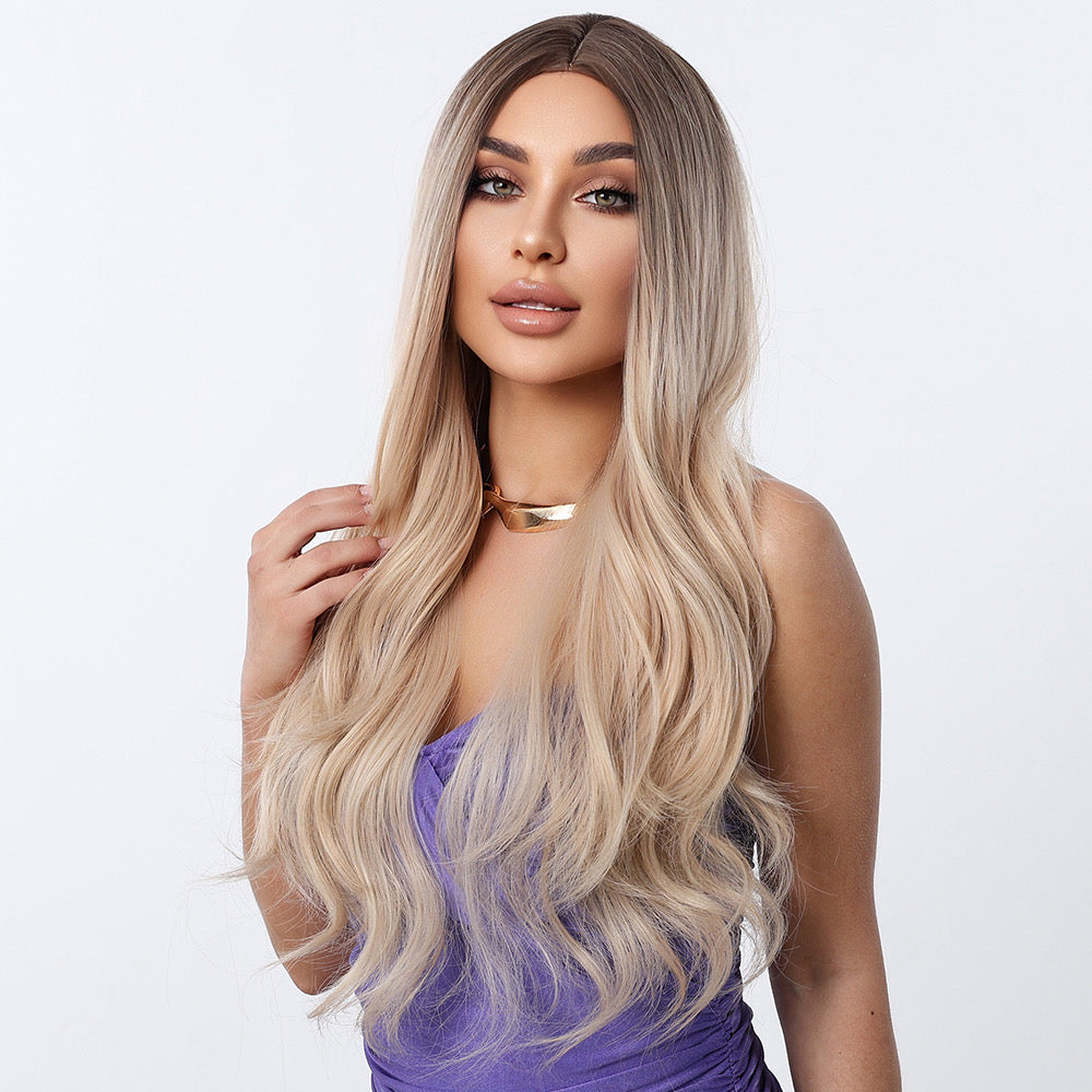 Long Blonde Wavy with Dark Roots Synthetic Blend Wig
