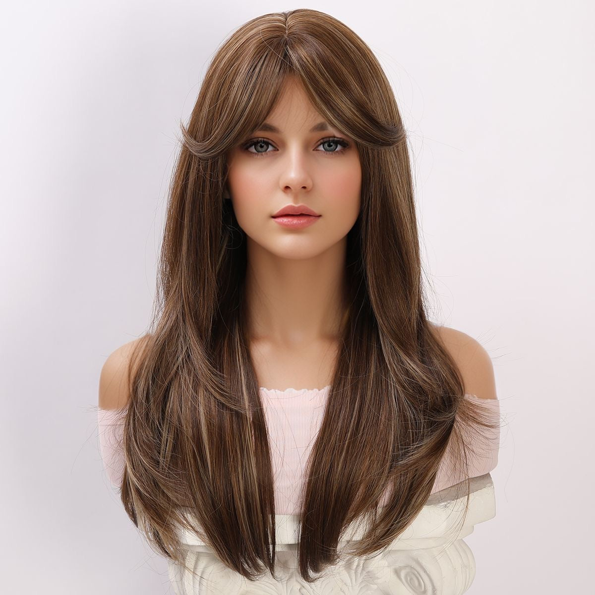 Long Brown Highlighted Synthetic Blend Wig with Curtain Bangs