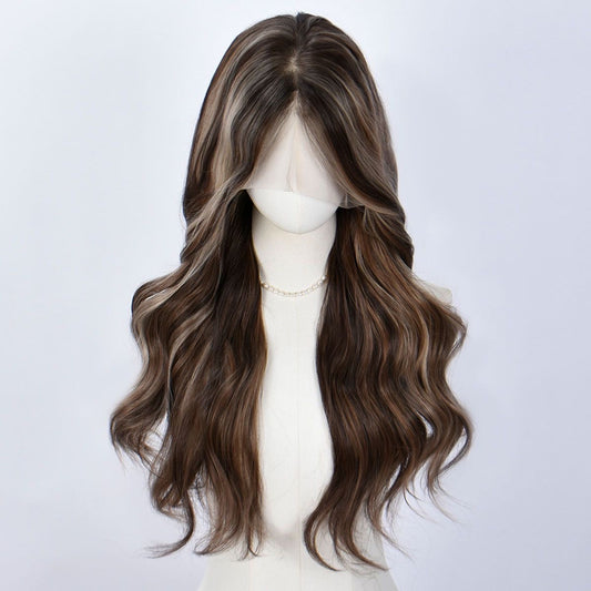Long Dark Brown Highlighted Curly Synthetic Blend Wig